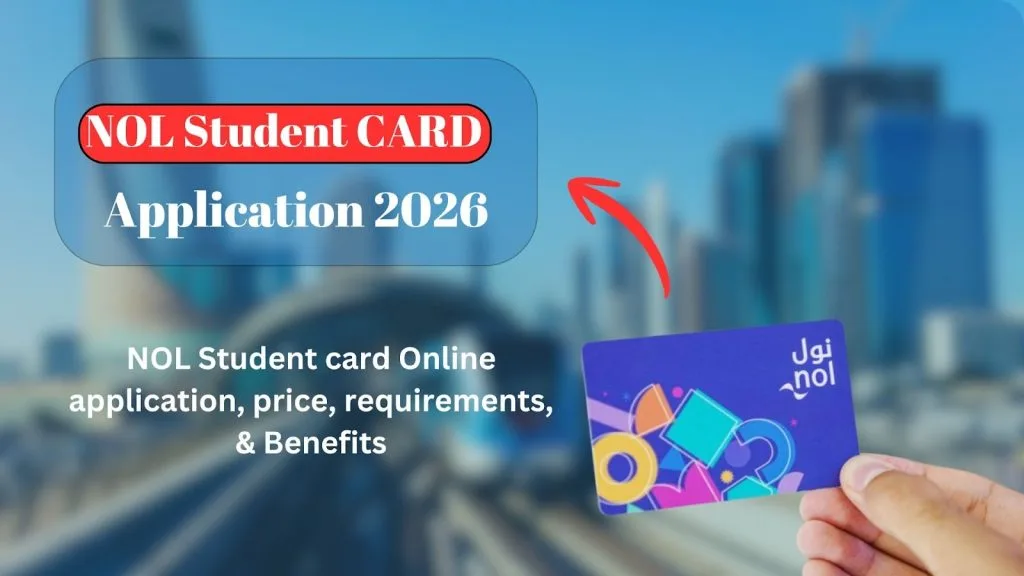 RTA Student NOL Card | Application, Renewal & Price Details 1 NOL Student CARD Application 2026 banner with hand holding colorful student nol card over blurred UAE city skyline.