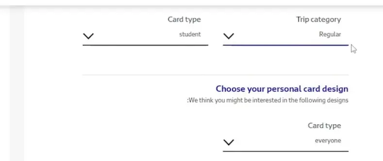 RTA Student NOL Card | Application, Renewal & Price Details 3 Webpage layout for the Student NOL Application Process showing options for student card type, trip category, and personal card design.