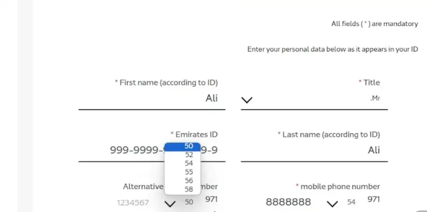 RTA Student NOL Card | Application, Renewal & Price Details 4 Student NOL Application Process form showing fields for first and last name, title, Emirates ID, and phone numbers with dropdown menus.